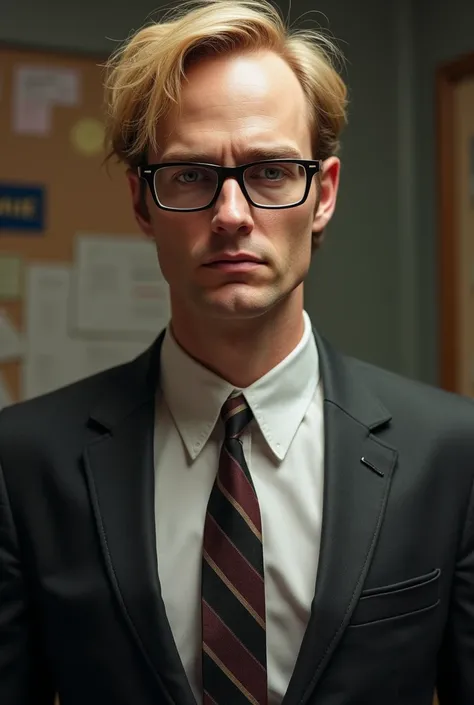 a man in a suit, glasses, blonde, Skinny with an age of 29-32 , serious face,  realistic seems like Sheldon Cooper and Dwight Schrute. 