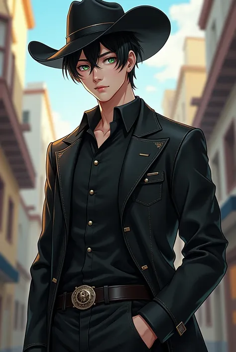  I would like .. anime..4k ... is an adult man ... with short black hair ..unfurled  ..Korean .  Verdagua eye ... high..  attractive sexy boy ..  age 26 years  .  full body... full body de pie a cabeza.. cowboy clothing with head-to-toe ..color negro.full ...