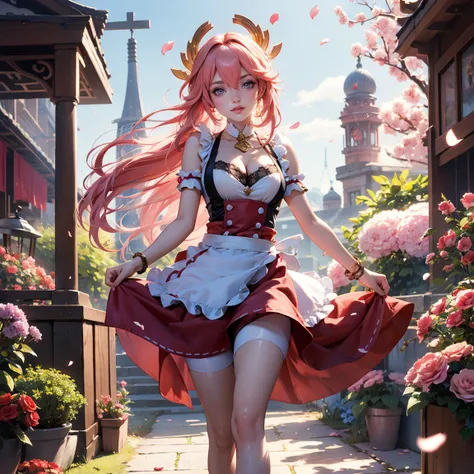 Yae Miko_(genshin impact), 1girl, dress, solo, collarbone, long flowing hair, pink hair, floating hair, ornament hair, perfectly body, gold jewelry, jewelry, maid, maid dress, perfectly hands, on garden, petals, red roses, centered girl, maid, maid dress, ...