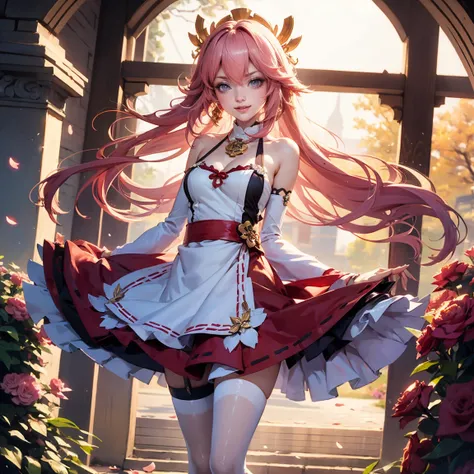 Yae Miko_(genshin impact), 1girl, dress, solo, collarbone, long flowing hair, pink hair, floating hair, ornament hair, perfectly body, gold jewelry, jewelry, maid, maid dress, perfectly hands, on garden, petals, red roses, centered girl, maid, maid dress, ...