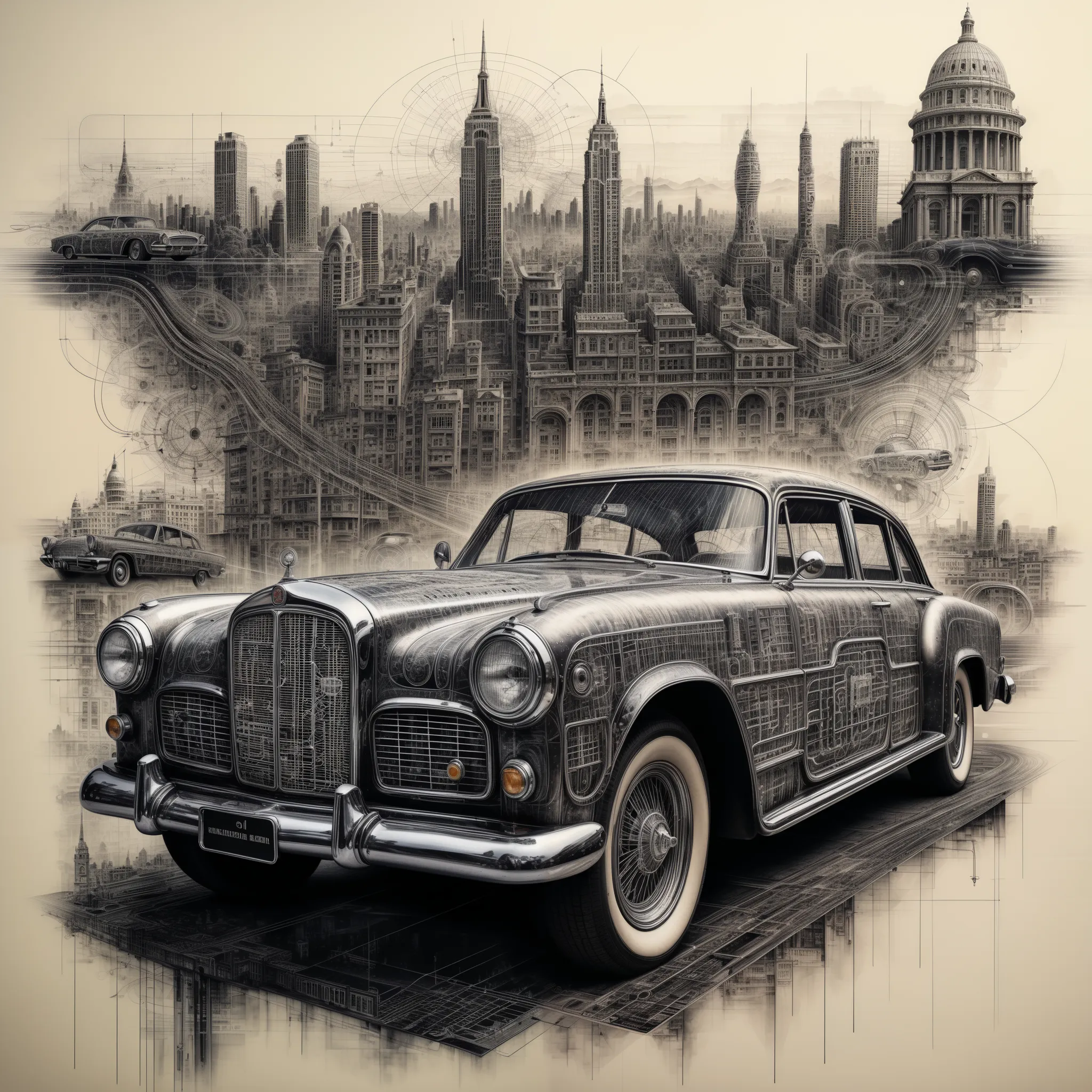 a highly detailed and intricate ink drawing of an old vintage car, a complex electrical diagram overlaying the car, a surreal ci...