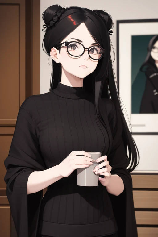 a petite goth dishelved woman with a medium build. She has fair skin, medium long black hair held in a bun by a hairpin, and a pair of black glasses. She wears only a oversized knitted sweater. She is knocking an apartment door with a shy and nervous expre...