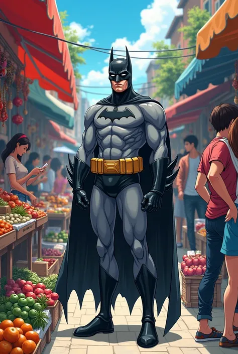 A anime picture of Batman selling Stuff in the market