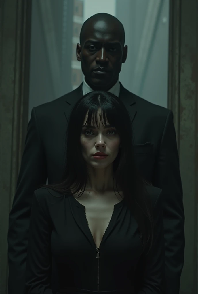  A woman with not very dark white skin ,  with
dark hair and a not very angelic beauty .
Your expression is serious .
A man behind her , in a suit,  which is tall and has a dark mask. Everything around them is dark 