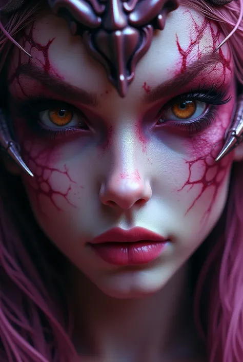 close up of a face, breathtaking of a beautiful female corrupted chaos (slaanesh daemonette:1.2), (close up:1.2),dark allure, ,pink and purple themes, highly detailed dreamy background, detailed skin texture, subsurface scattering award-winning, profession...