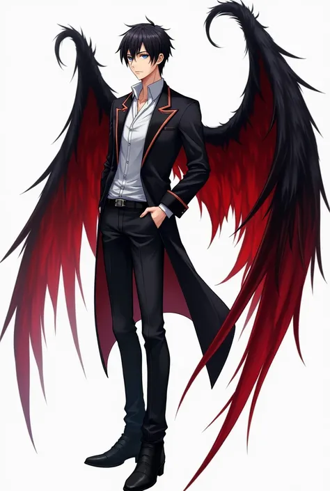 anime male with black hair and red wings standing next to a white background, concept art by Yang J, trending on pixiv, shin hanga, male anime character, handsome guy in demon slayer art, best anime character design, black wings instead of arms, anime char...