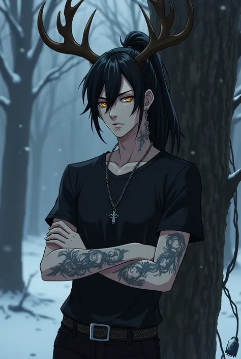  create an image, in anime: A young man with an elegant and mysterious appearance, with pale skin and striking features. His long, straight black hair is tied back in a high ponytail,  with some loose locks framing her face , shining like obsidian under a ...