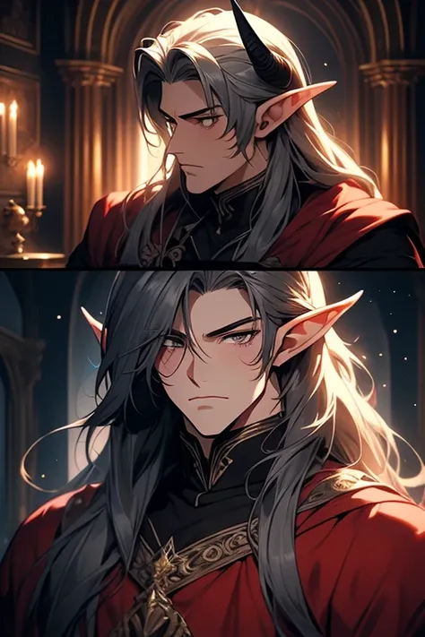 (ultra high quality) (2.5d) (best quality) (beautiful faces) (medieval castle bedroom) a beautiful male elf with demon horns and long dark blue long hair and big muscles, blushed face, huge muscles, he is very handsome