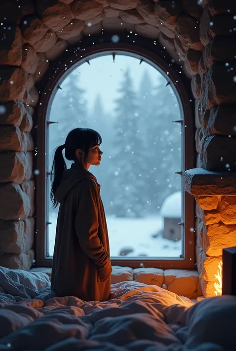 Woman looking out the window in a cozy cave house with fireplace bed and television and snow storm outside
