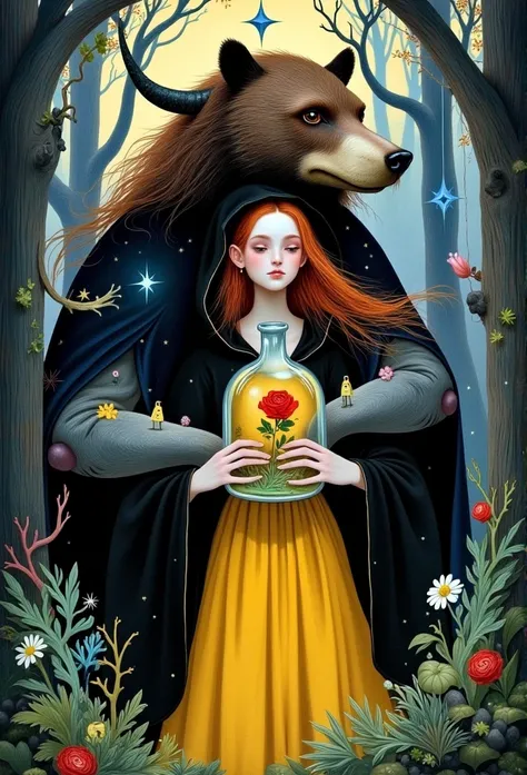     A young beautiful girl in a yellow dress and a black hooded robe in a dark forest holding a red rose inside a flask, stands in the middle of the forest , there is a forest around,   brown hair , behind her is a huge brown furry monster with horns, the ...