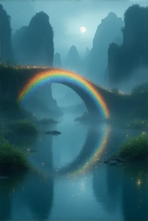 Depict a radiant rainbow bridge arching gracefully across a serene landscape. The bridge should shimmer with vibrant colors, casting a soft glow on the surroundings. Below the bridge, a calm river reflects its hues, while the background features lush green...