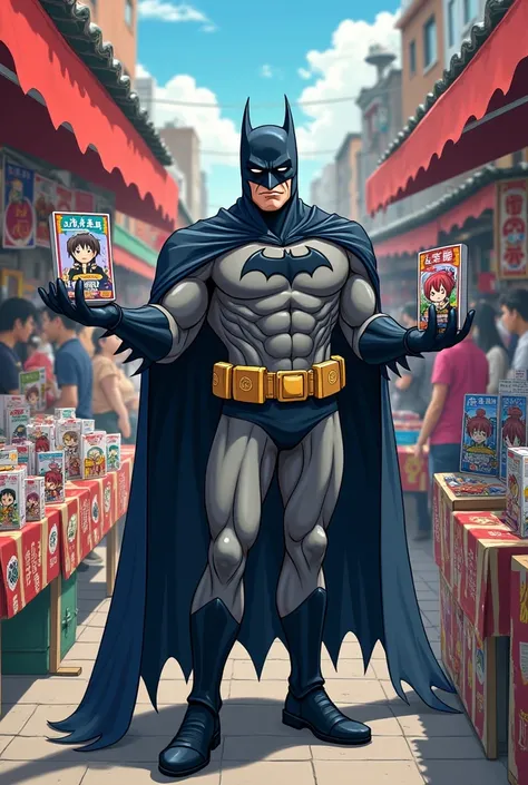 A anime funny  picture of Batman selling anime Stuff in the market