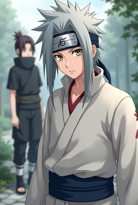 A ninja from the Hyuga clan with long spiky gray hair 
Wearing a white tunic outfit with silver eyes without teats or pupils with a band with the konoha symbol along with a ninja in black clothes with short brown hair with yellow eyes and with an eye slap ...