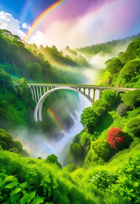 "Rainbow Bridge",A vibrant rainbow bridge arching across a serene valley, surrounded by lush greenery and soft mist. The sky is partly cloudy with sunlight streaming through, casting a magical glow. The bridge has a smooth, translucent surface, reflecting ...