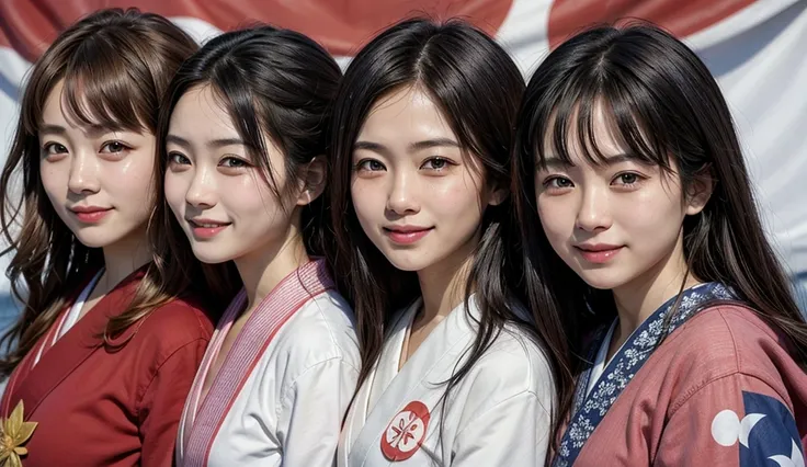 Make four Japanese and Japanese women smiling with a Japanese flag image background.