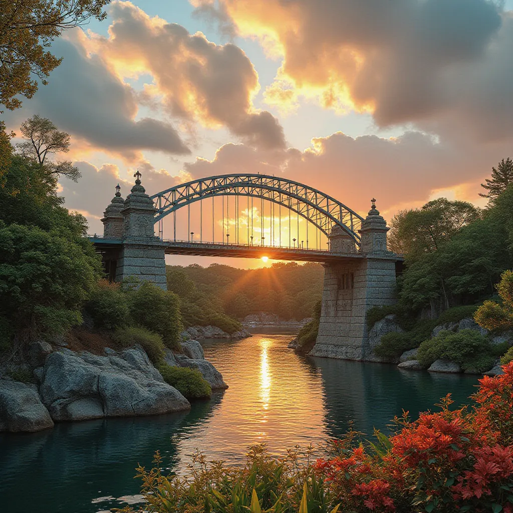 a breathtaking view of the rainbow bridge, a famous landmark in japan, surrounded by lush greenery, crystal clear waters, and a ...