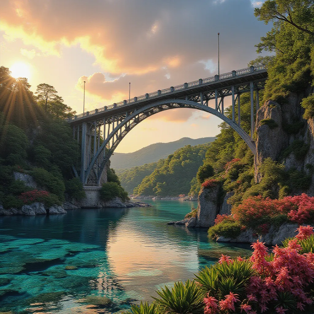 a breathtaking view of the rainbow bridge, a famous landmark in japan, surrounded by lush greenery, crystal clear waters, and a ...