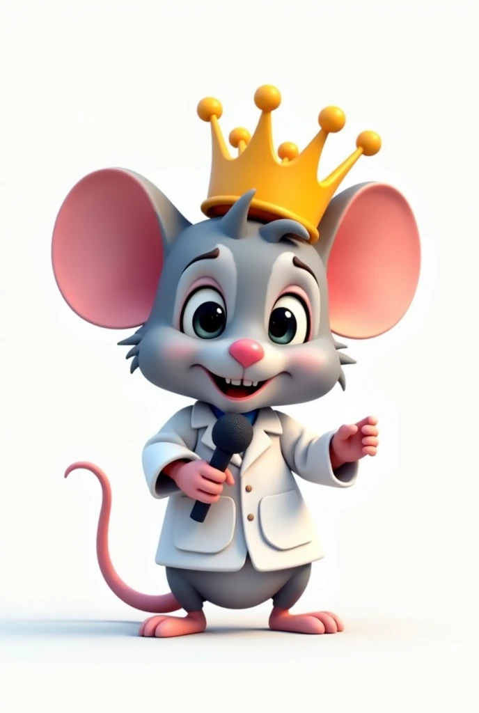 Brand logo showing the face of an animated laboratory mouse with a yellow toy crown placed on its head,  with a microphone in your hand this must be friendly the animation must be simple , with very few details ,  in 2 dimensions and on a white background ...