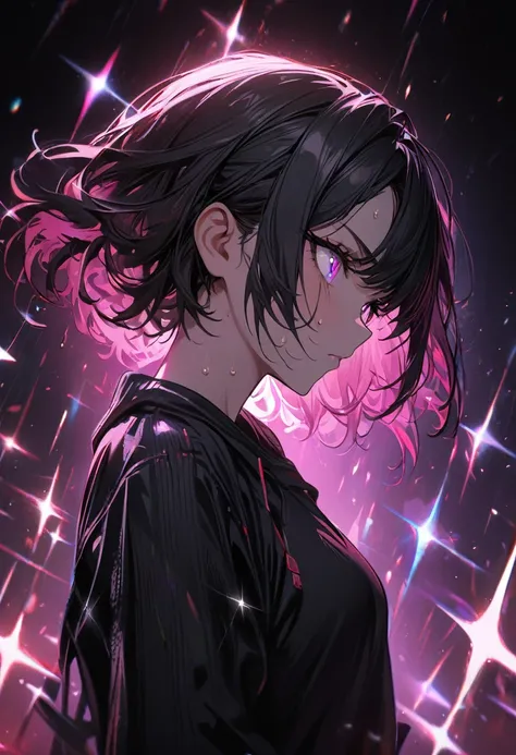 1 Girl, unique ,Side view, charming posture,eyelash, Careful Closeup , Shining Eyes Are Watching You,Serious eyes, sharp gaze ,Black jeans, dark hair , Black Athletic Top ,Sweat Sparkles ,Shoulder, Dark Neon Background ,Nostalgia,Catholic ,Pink,(masterpiec...