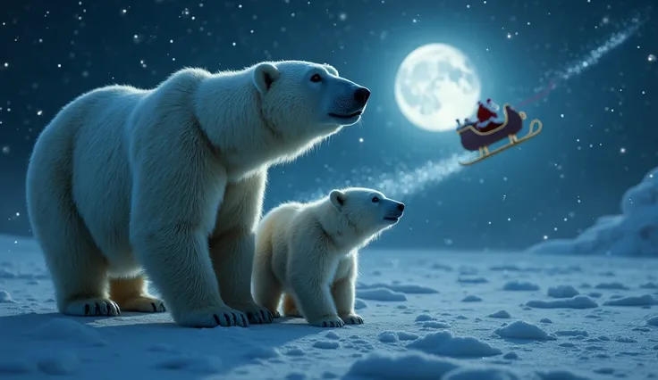 Photorealistic and ultra-realistic cinematic image of a close up polar bear at the North Pole at night alongside its cub in low angle. They looking up to the sky are seeing Santa Claus pass by in his sleigh flying high in the sky! In the background a starr...