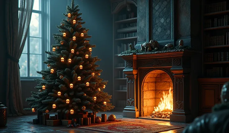 Create an image of a Christmas tree with skull spheres next to a fireplace with a sinister heavy metal atmosphere, with a bookcase with old books in the background