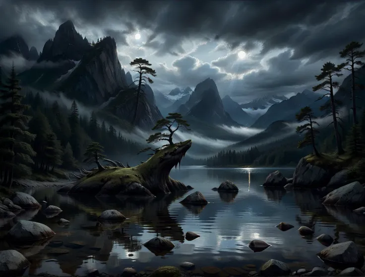  A very detailed picture of a lake in the misty night forest between sharp black rocks flowing into clouds, dark clouds , DEEP NIGHT,  in dim light , ( dark starry sky ),  clear focus ,  cinematic , black sprawling cedars ,  reflections in water.  The dors...