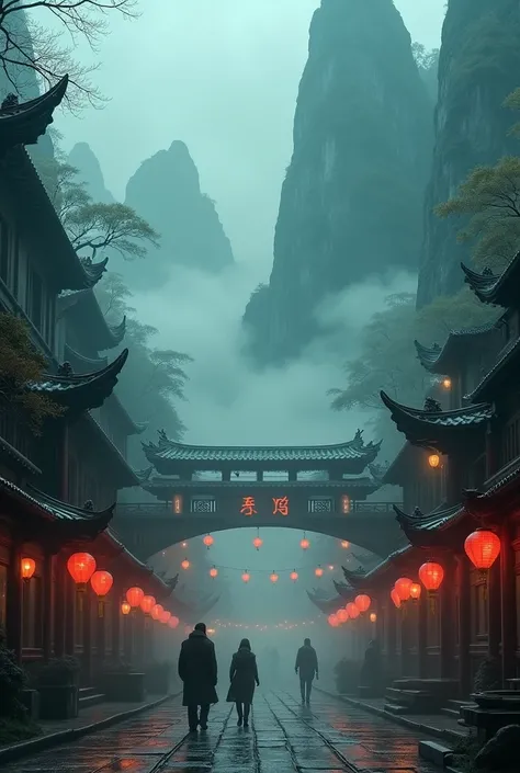 Ais depiction of an ancient Chinese city in a beautiful mountain valley yet harbors a dark mystery and darkness that is eerie and enchanting. Cyberpunk city from science fiction movies, night, shrouded in smoke, bridge, old shop, Strange Tales from a Chine...