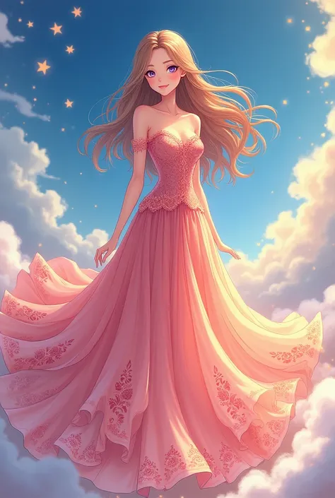 Full body Anime beautiful adult girl wearing long dress and hills cartoon style