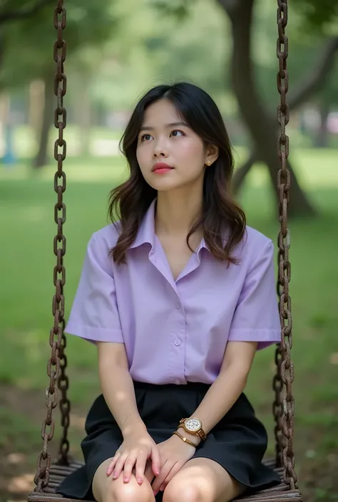 A young Thai woman Cute, pink-white skin, big, plump, sexy breasts. is seated on a swing, mid-swing. She is positioned slightly off-center to the left of the frame, facing to her right, looking upward and away from the viewer. She is wearing a light purple...