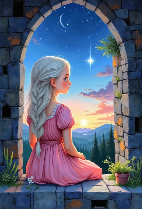    a young beautiful girl in a pink dress and a pink dress sits inside the knights tower and looks outside the window looking down, her long white hair is braided in a very long rope braid that she pulls down , Compose     , Painting (medium) , ночное sky ...