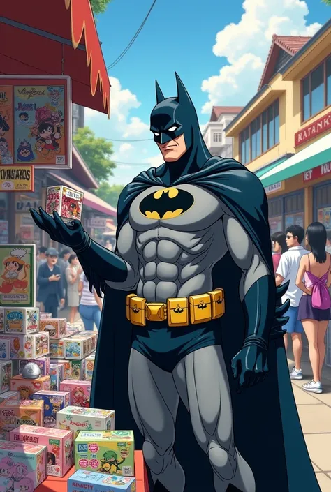 A anime funny  picture of Batman selling anime Stuff in the market