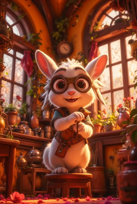 A vibrant, steampunk-inspired workshop inside a carrot-shaped building. A white bunny with long ears and messy fur, wearing goggles and a tool belt, stands on a stool surrounded by mechanical gadgets. Sunlight streams through the windows, illuminating her ...