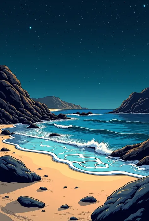    full HD background 4k   ,  Aspect Ratio 16 :09 The vertical   .
   The image reminds me of a mythical scene of a beach   ,   is  ,    The style is an artistic comic book with a beautiful star in the background  ,    image is a movie 「Contact by Jodie Fo...