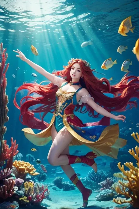 「 and place 、 place a character with long red hair in the center 。Draw an underwater environment like 々 colorful fish in the scene 、 The character is wearing a gorgeous costume with gold decorations。 for an overall vivid and moving composition 。」
