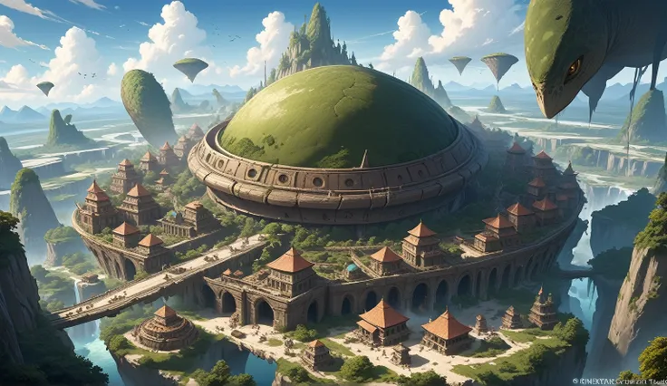 an ancient city built on the back of a giant turtle, flying island turtle, Fantasy concept art, 