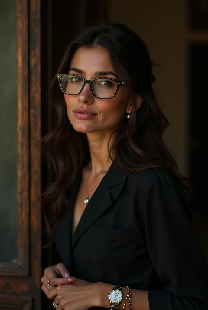 Create a medium-height woman; she is 30 years old, she is a psychiatrist and dresses in casual but ellegant, she wears and classy clothes to attend to her patients. She wears glasses, her glasses have golden frame, she has chocolate colored hair and she ha...