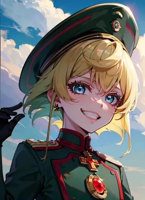 , tanya, 1girl, blonde_hair, blue_eyes, military, military_uniform, green_jacket, green_pants, long_sleeves, jewelry, brooch, evil_grin, evil_smile, glowing, glowing_eyes, grin, jacket, smile, shining hair, cloud, cross, eyelashes, gloves, green_headwear, ...