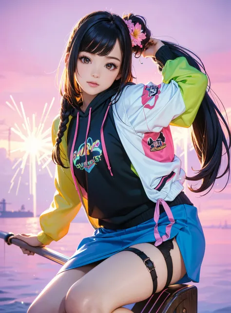 ( best quality:1.2,  Very detailed, Latest,  vibrant ,    high contrast , masterpiece:1.2,  best quality,  best aesthetics),   girl, ((  Frontal Knee-Up Shot  :1.4)),   colorful hair,Short bob ponytail with braids   ,  pastel colors,  1980s Style , ((retro...