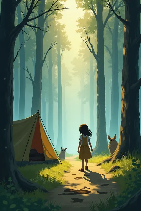 It represents a magical morning in the woods ,  where soft fog rises from the ground like a shining veil .  A girl named Rachel leaves her tent with an expression of amazement ,  observing the footprints of large animals or mysterious creatures drawn on th...