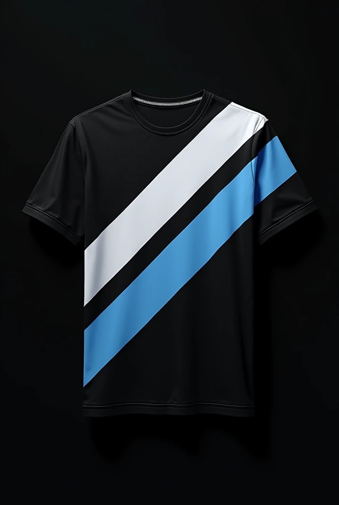 You can make a black graduation shirt that has a slightly thick diagonal line in the middle in light blue and around that stripe some white diagonal lines and the sleeves are blue too 
