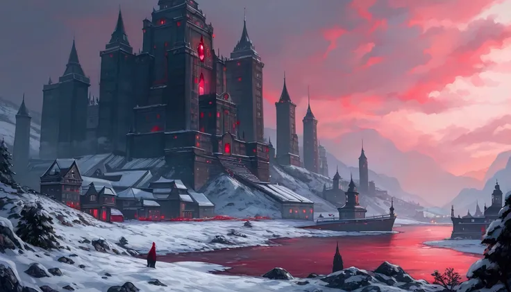 A snowfield where it snows black and red, (((Black and Red colored Snow:1.5))), black snow, red snow, A Giant Ancient City, Busy Port City, Off The Mouth Of A Large River, Red Water, (((black buildings with red gemstone accents:1.5))), detailed buildings