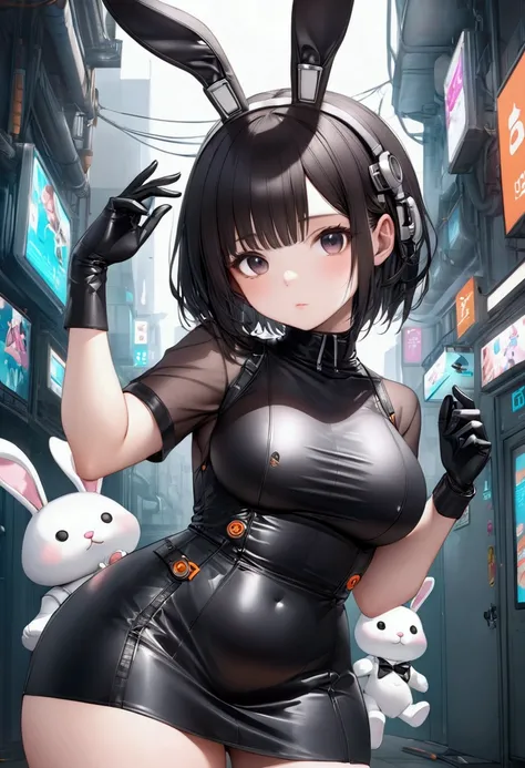 . There is a girl in a black leather dress with a bunny head,  opposite ,  opposite  cyberpunk, biomechanical  opposite , Thiti Lodthong,  art cover , Fat girl ,  is trending at cgstation ,  is becoming popular in CGSTATION. , thick,  Thai Girl Anime , (Sf...