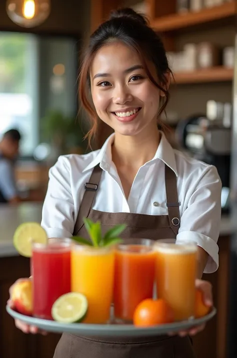 Create a full length photo of a waitress holding a tray of fresh juice, real,High image quality 