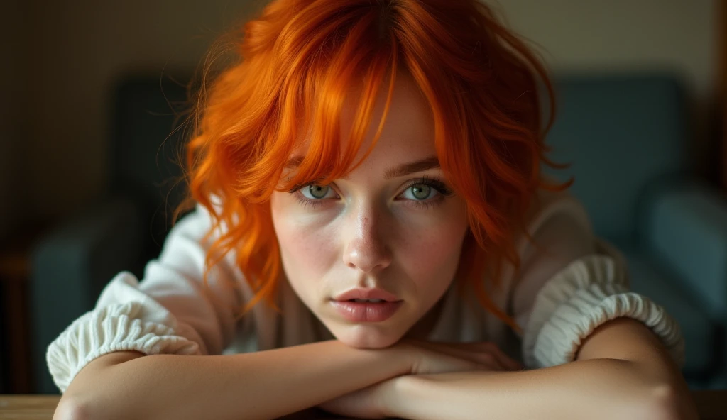 there is a gorgeous young woman with red hair sitting on a table, soft portrait shot 8 k, orange hair, orange glowing hair, portrait shot 8 k, bright orange hair, color ( sony a 7 r iv, orange hue,  color portrait, with short hair, artist