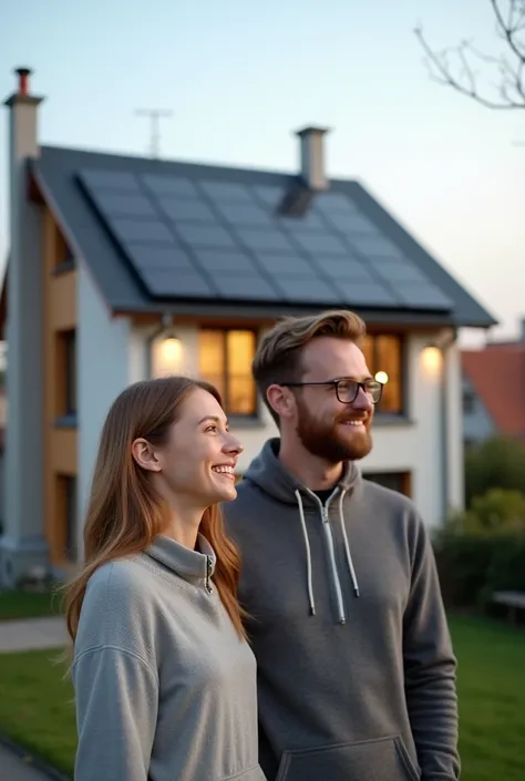 Create an image for me where two people aged 20 to 30 are happy to see their house with a solar panel on the roof that looks good with their home. The image has to convey minimalism and aspirationality .