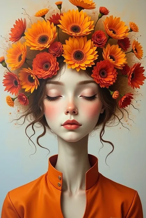 Lady with flowers in her hair is an acrylic painting, Lucy Glendinning&#39;s style, Tony Dietlitz, Organic and naturalistic composition, Flower Explosion, Ferris Piqué, Light orange and brown, Calm face