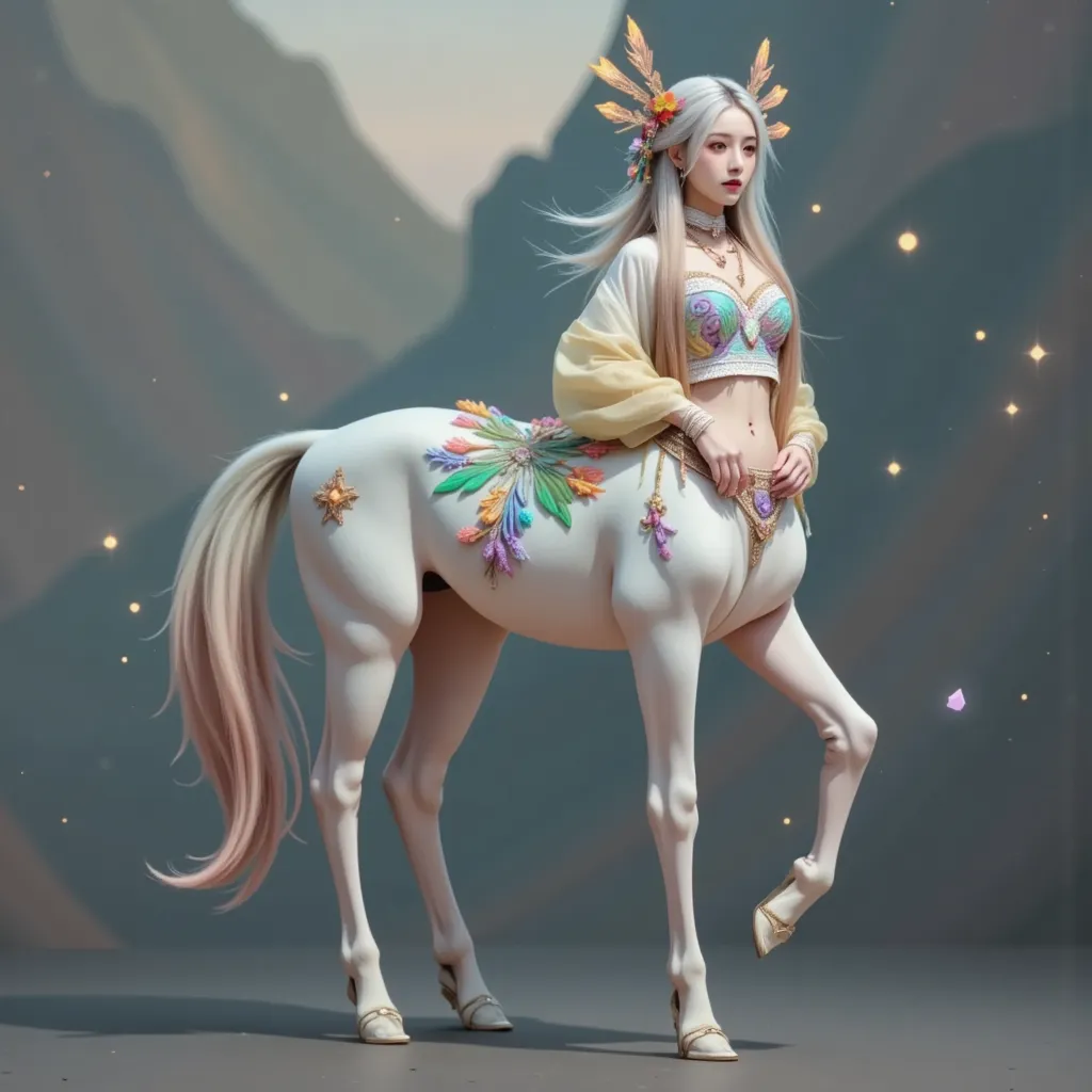 1centaur girl, imagine a dreamlike landscape filled with countless colors,soft. in this peaceful scene, an asian, with long flow...