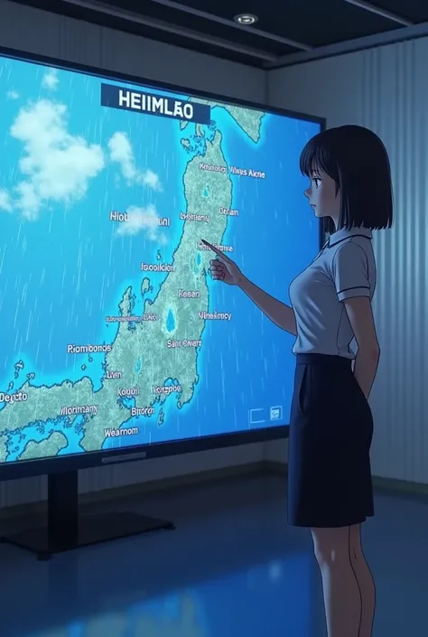 Create an image in the style of Makoto Shinkai A weather forecaster on TV pointing to a map with rain clouds and raindrops, indicating the predicted weather.