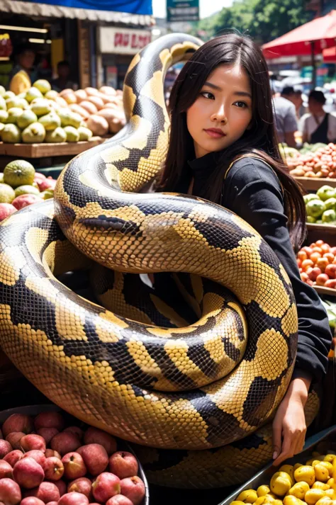 a giant snake in the middle of a busy market