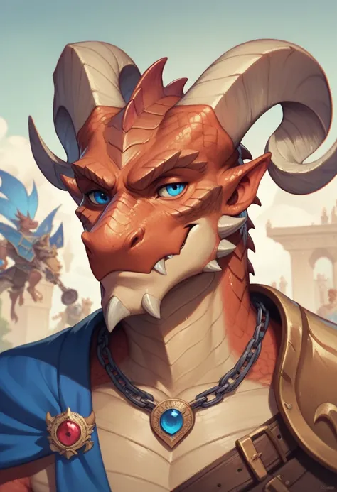 Ultra Detailed, Masterpiece, Best Quality, Dragonborn, Epic, 1guy,  Fantasy, Dungeons and Dragons, Bronze Scales, electric blue eyes, curved horns.